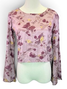 Bombay Paisley Women’s Pink Floral Long Bell Slit Sleeve Crop Top Blouse Size S